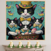Springtime Celebration: Black and White Cat Mom Carrying Three Kittens in an Egg-Filled Basket on Ready to Hang 1.5" Thick Canvas Wrap, Floating Framed Canvas, Flat Rolled Canvas